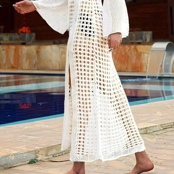 White Sexy Women's Casual Solid Color Hollow Out Short Sleeve Knitted Dress - Picture 4 of 4